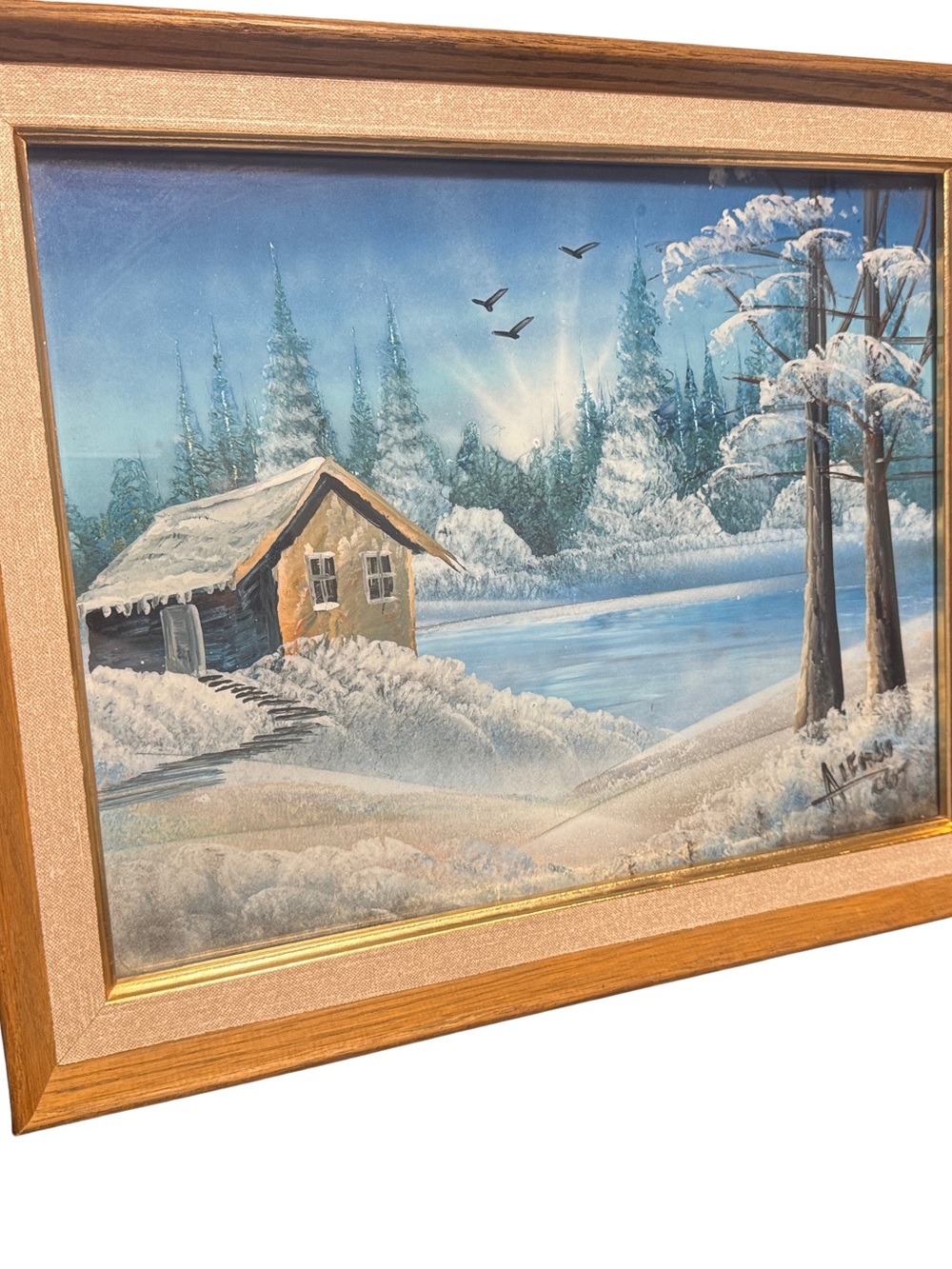 Winter Cabin Landscape Signed Painting Wall Art - Blue Snow Scene 16”x13”